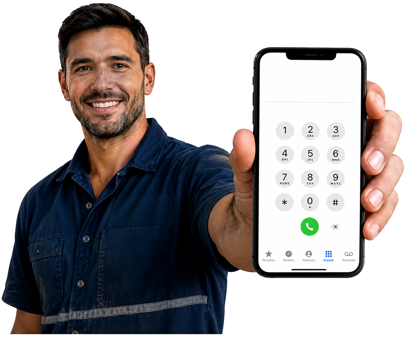 Killara Blocked Drains plumber holding a phone — call 1300 261 965