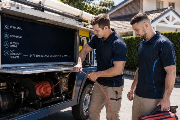 Two plumbers working on a blocked drain in Killara